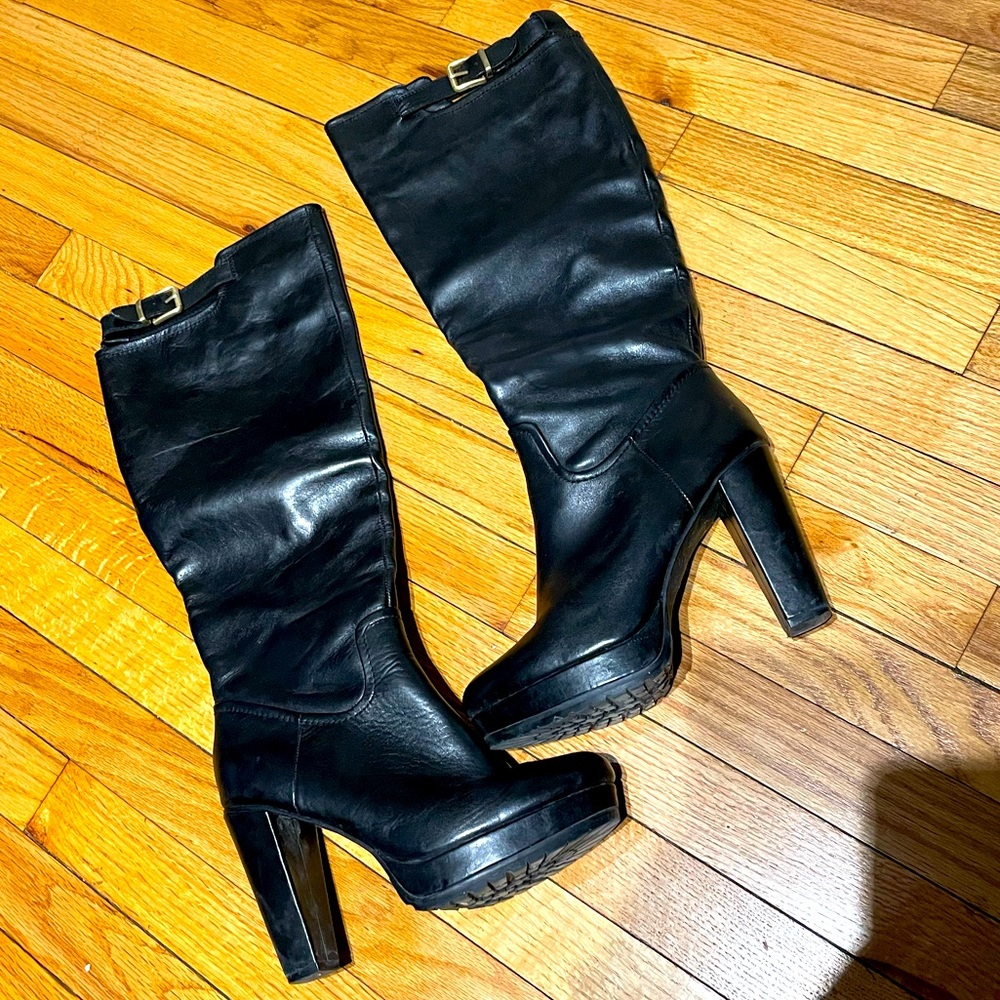 H&M Vintage Y2K Leather Platforms Chunky heel Block knee moto rock boots 9.5